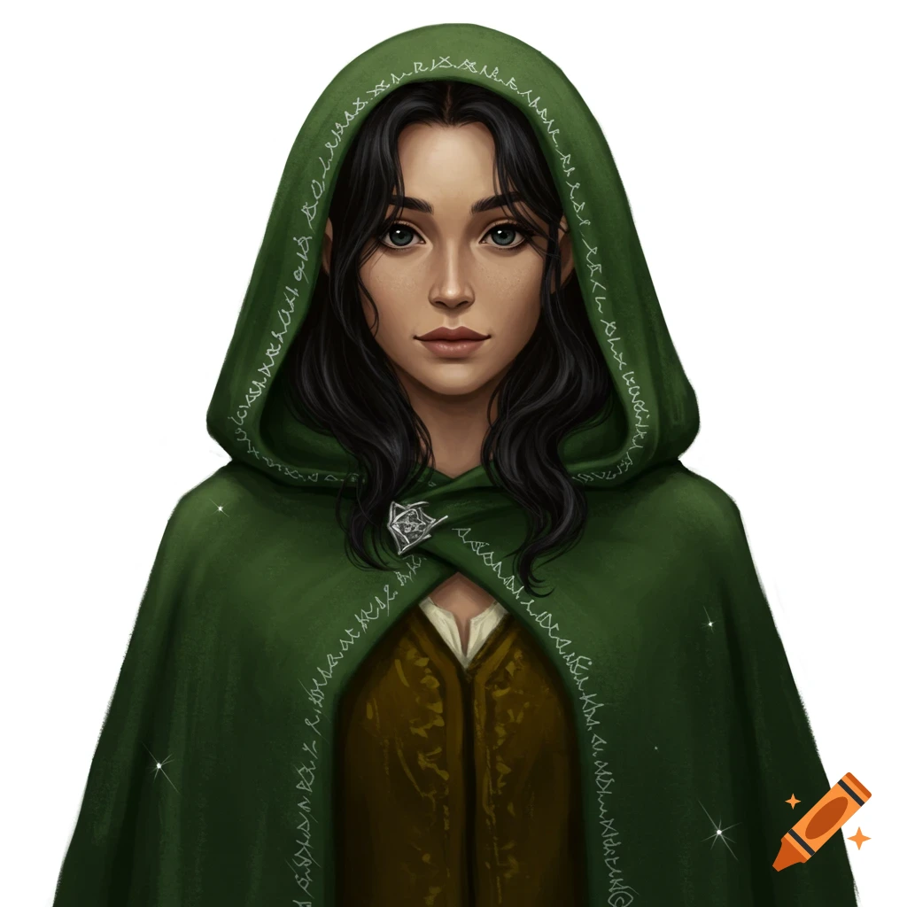 A young female hobbit with dark hair and green eyes, wearing a dark green hooded cloak with decorative white runes along the edges, against a white background.