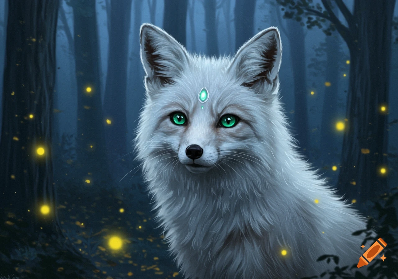 Digital art of a white fox with luminous green eyes and a glowing gem on its forehead, in a dark, mystical forest with floating yellow lights.
