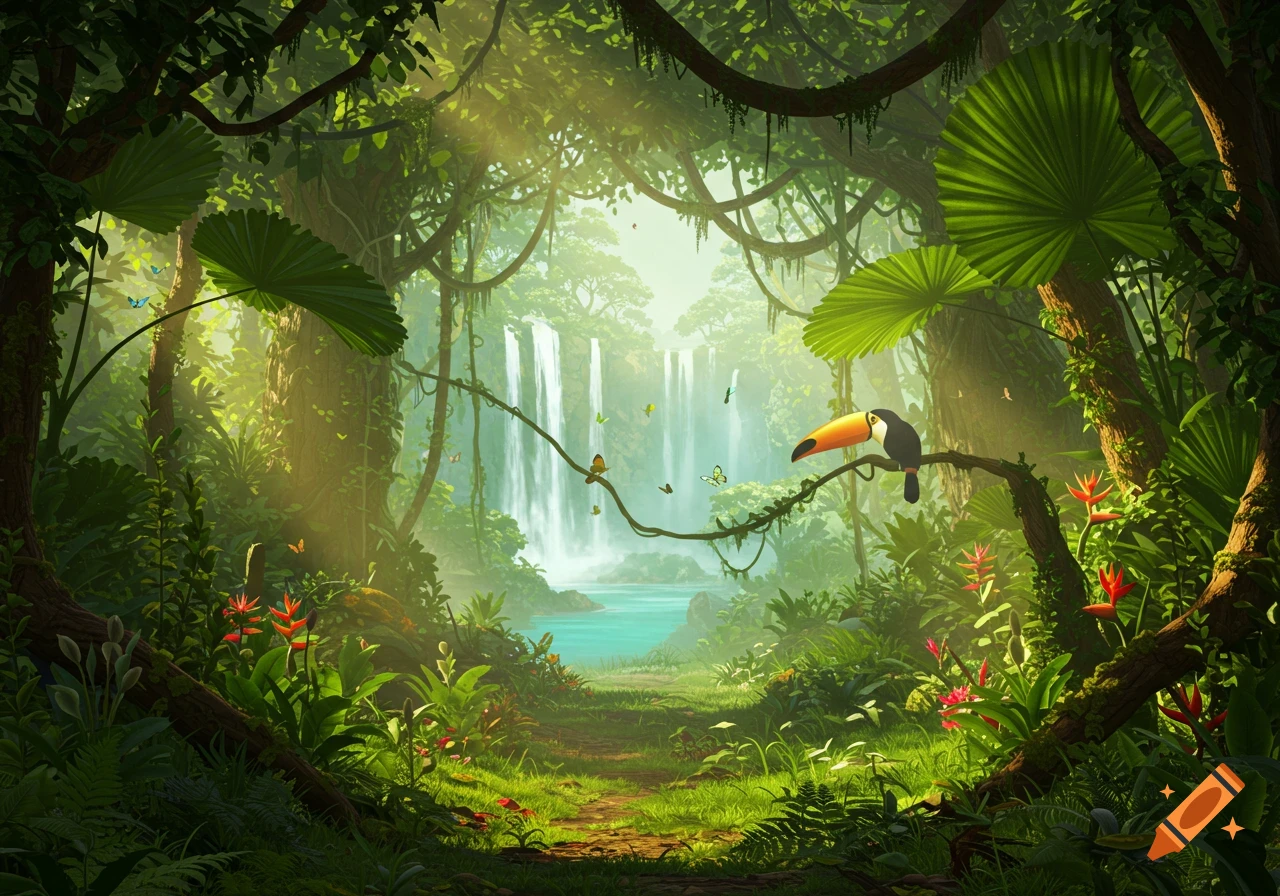 A vibrant, lush jungle landscape with multiple cascading waterfalls, a clear blue pond, and a toucan perched on a vine.