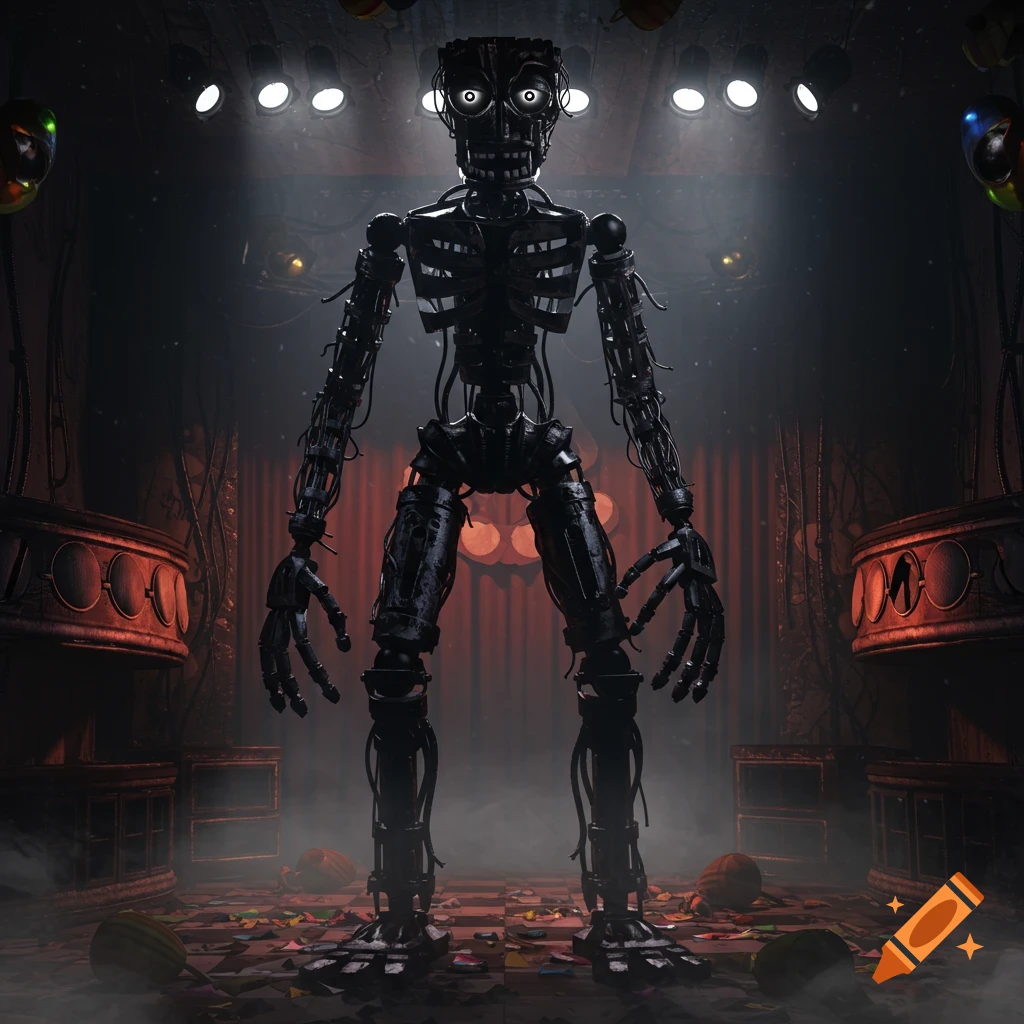 A tall, dark skeletal robot with glowing eyes stands on a spotlighted stage littered with confetti and debris.