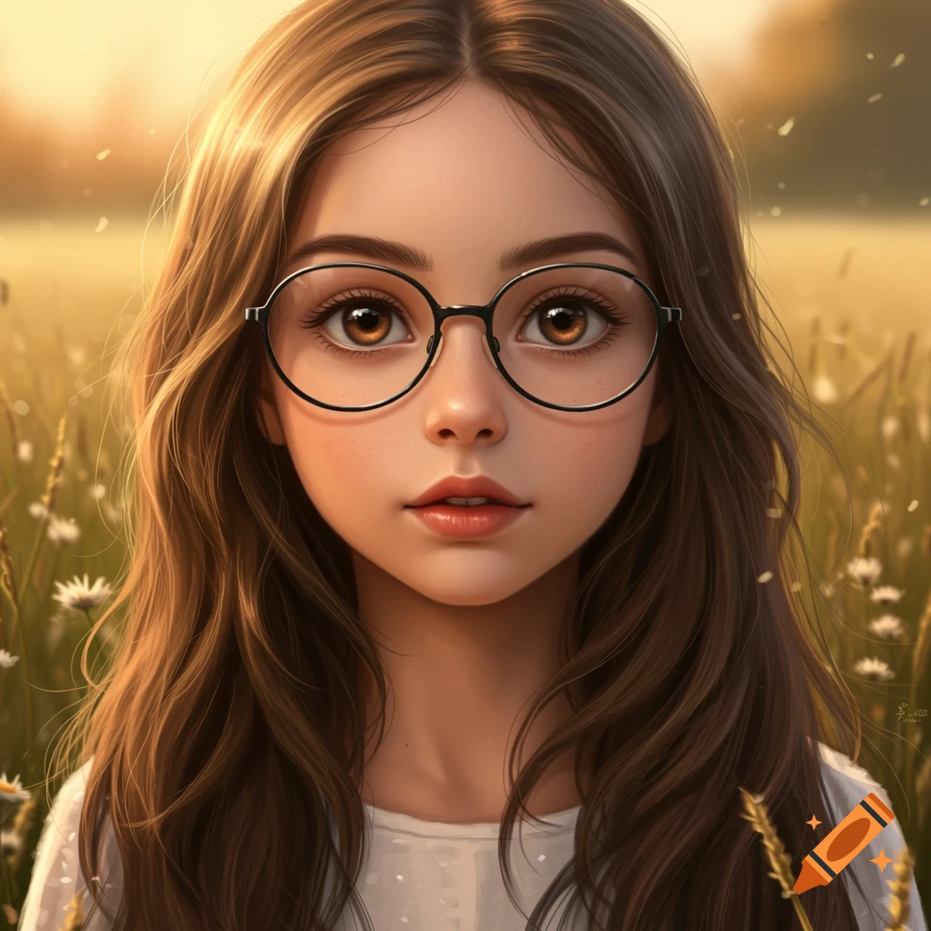 A stylized digital art portrait of a young girl with long brown hair, brown eyes, and round black glasses in a sunny field.
