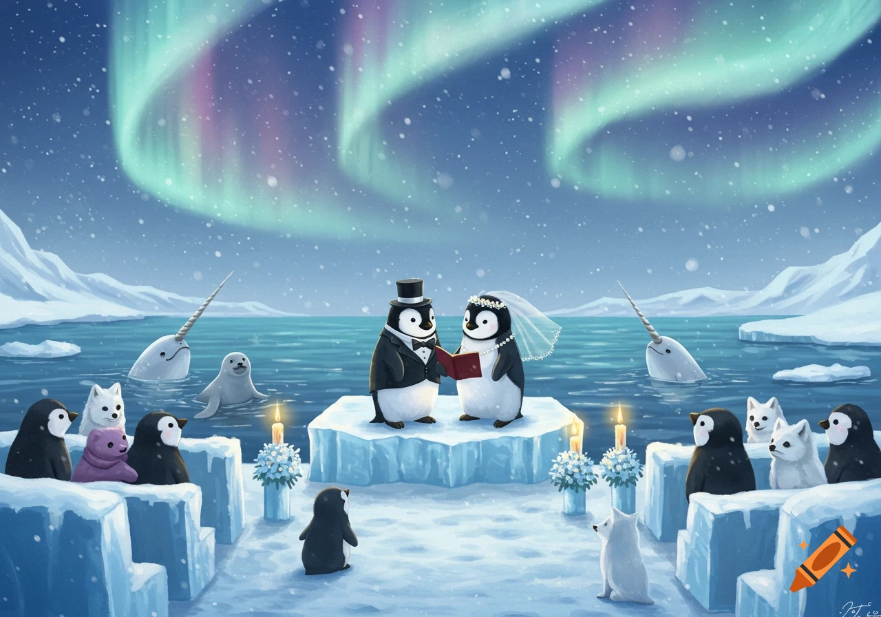 Cartoon penguins in wedding attire exchange vows under the Northern Lights, surrounded by arctic animal guests like seals, narwhals, and arctic foxes, in a snowy arctic landscape.