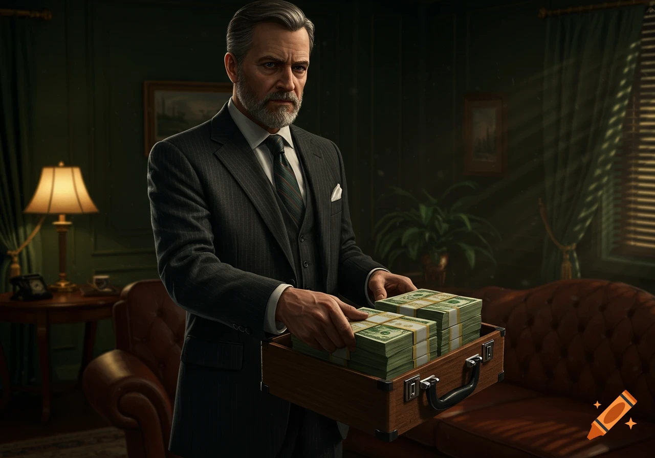 A serious man in a dark pinstripe suit hands over a wooden briefcase filled with stacks of money in a dimly lit, luxurious room.