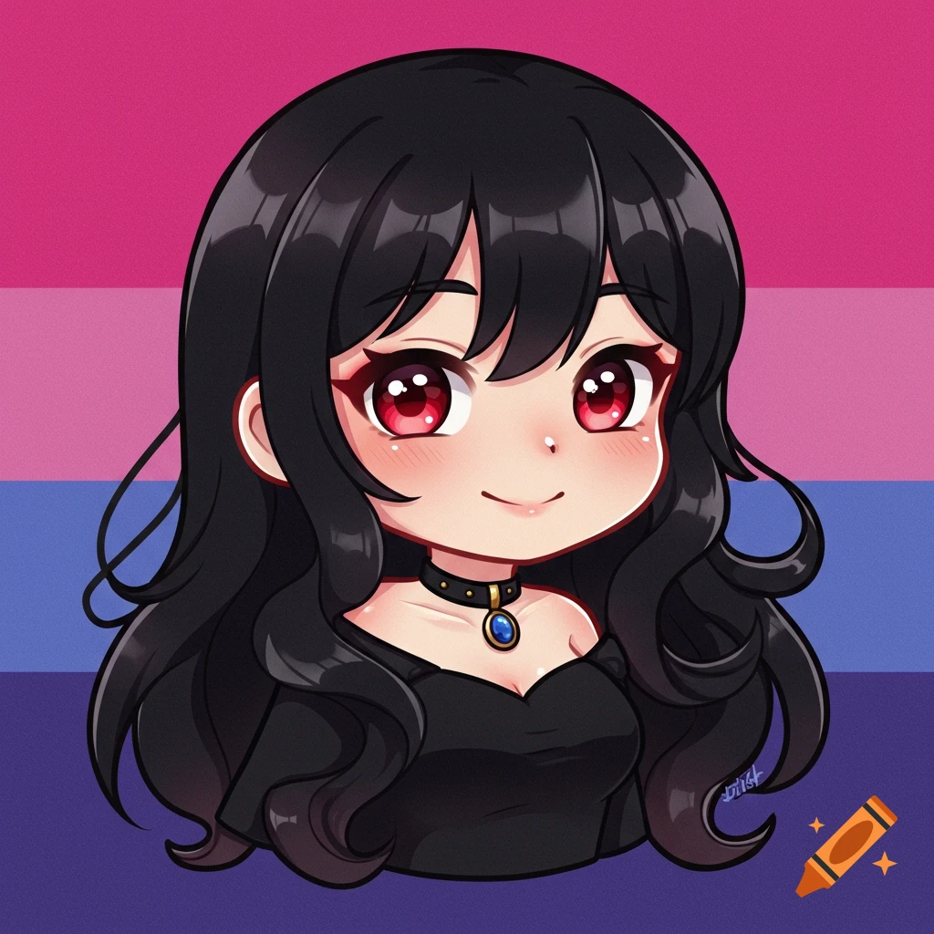 A chibi woman with long black wavy hair and red eyes, wearing a black dress and choker, in front of a bisexual pride flag background.