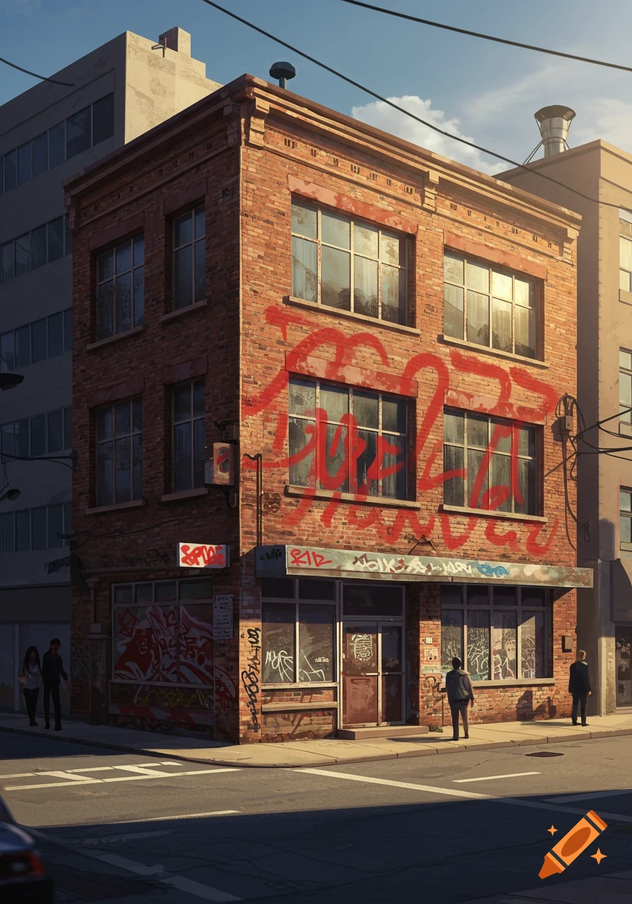 An old brick office building covered in red and black graffiti on a sunny day, with people walking on the sidewalk.