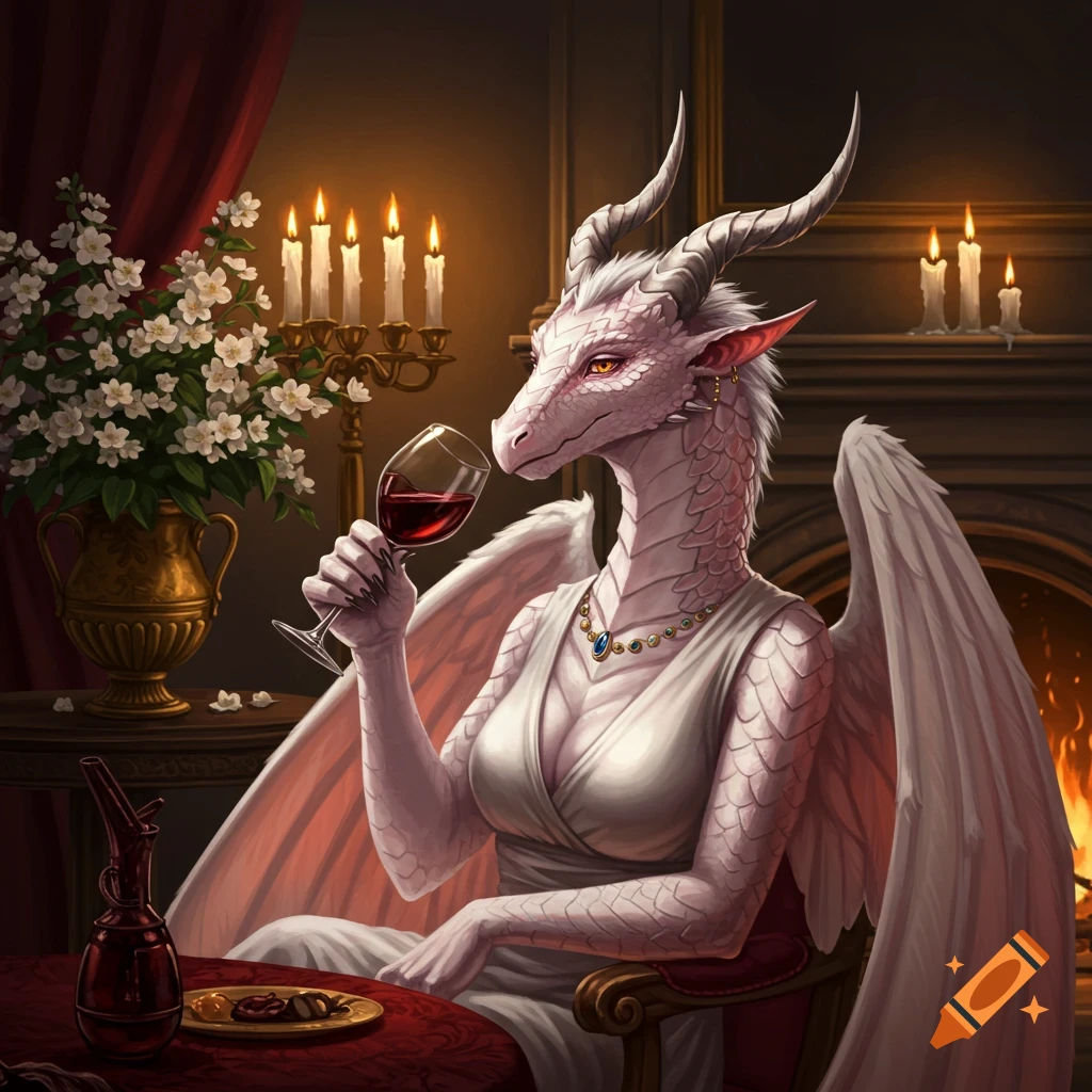A white-scaled dragoness sips red wine in an elegant, candlelit room.