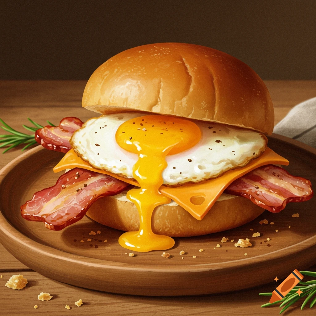 Illustrative close-up of a breakfast sandwich with runny fried egg, bacon, and melted cheese on a bun, served on a wooden plate.