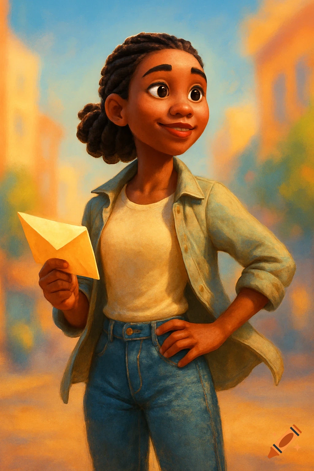 A smiling Pixar-style young Black woman with braids, wearing jeans and a jacket, holding a yellow envelope outdoors.
