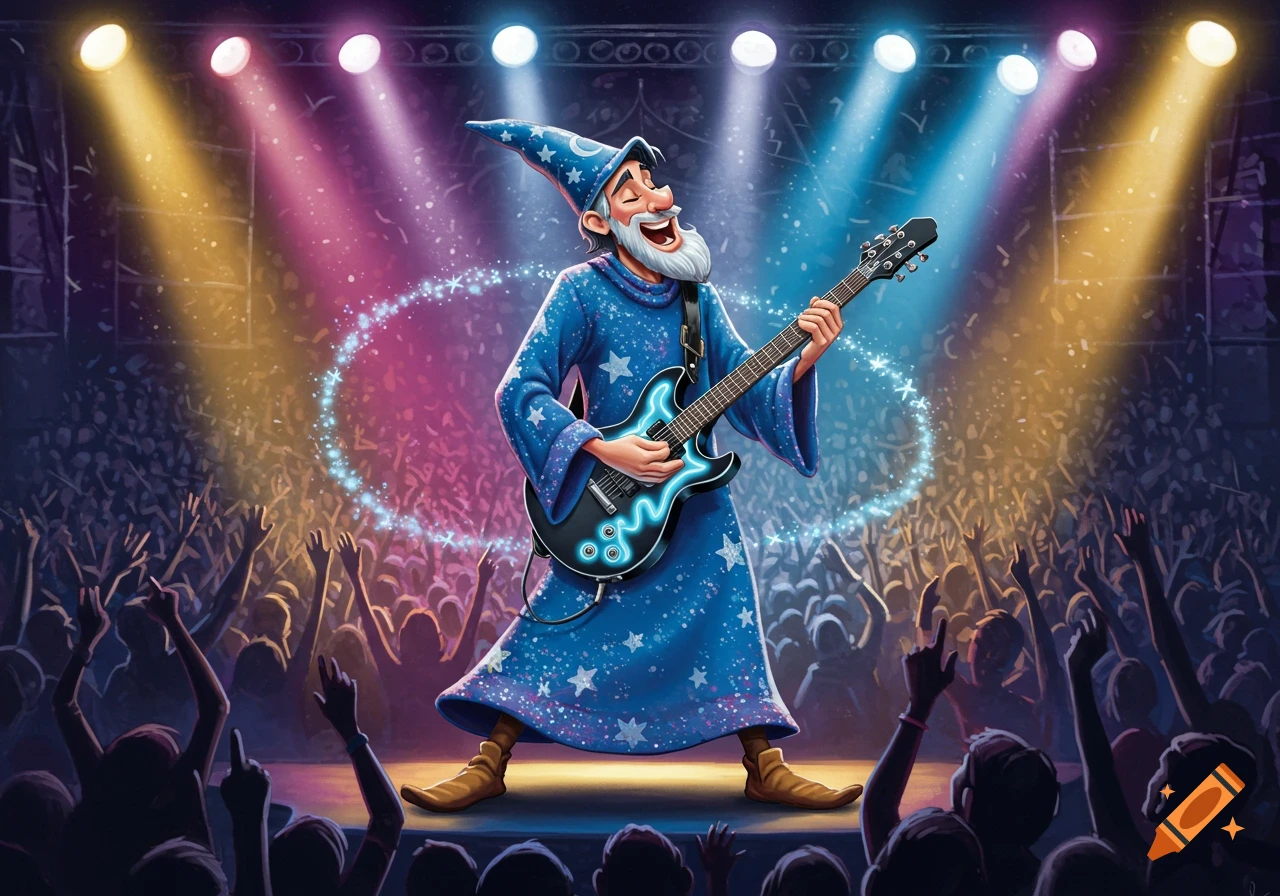 A cartoon wizard in a blue, star-spangled robe plays an electric guitar on a brightly lit stage for a cheering crowd.