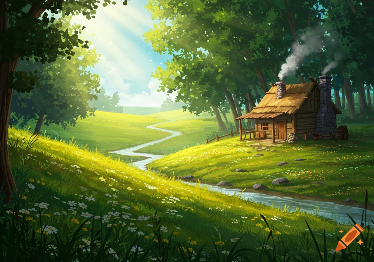 A vibrant, sun-drenched green landscape with a winding stream, wildflowers, and a cozy wooden hut nestled in lush trees, illustration.