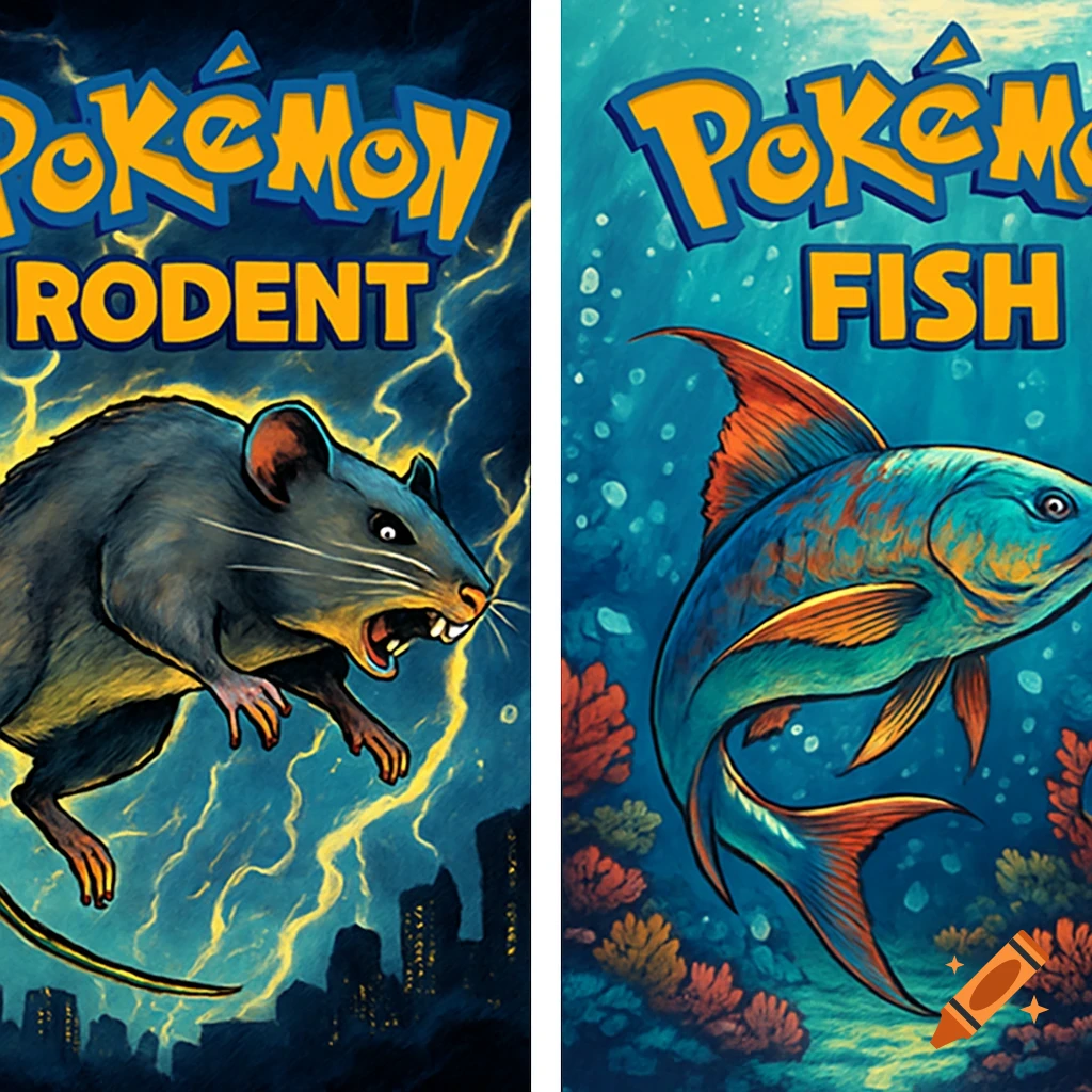 Two stylized Pokémon game covers: one with a rat, lightning, and 'Pokémon RODENT' title; the other with a fish, underwater scene, and 'Pokémon FISH' title.