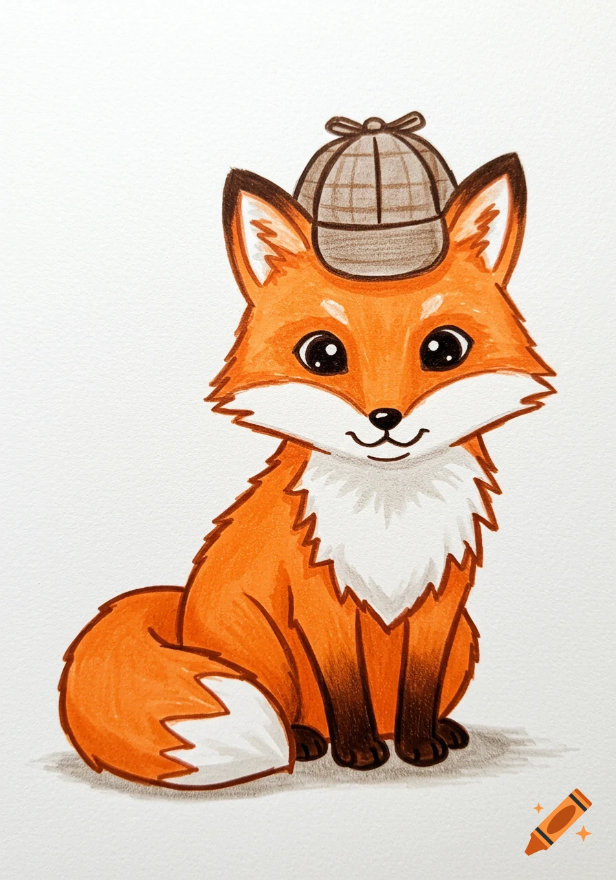 A cute, orange cartoon fox wearing a plaid detective hat, sitting on a white background, in a crayon art style.
