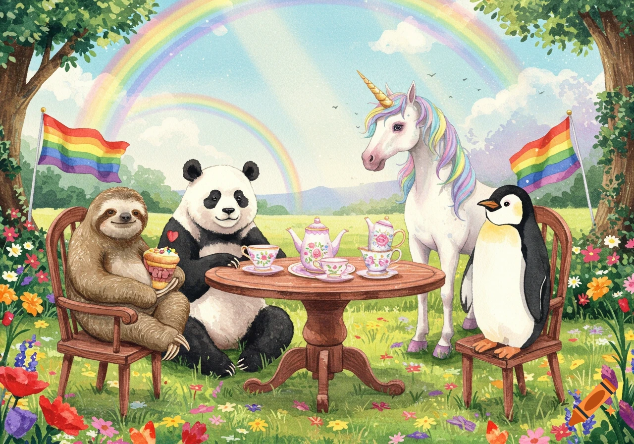 A watercolor illustration of a sloth, panda, unicorn, and penguin having a tea party in a flowery field under rainbows and pride flags.