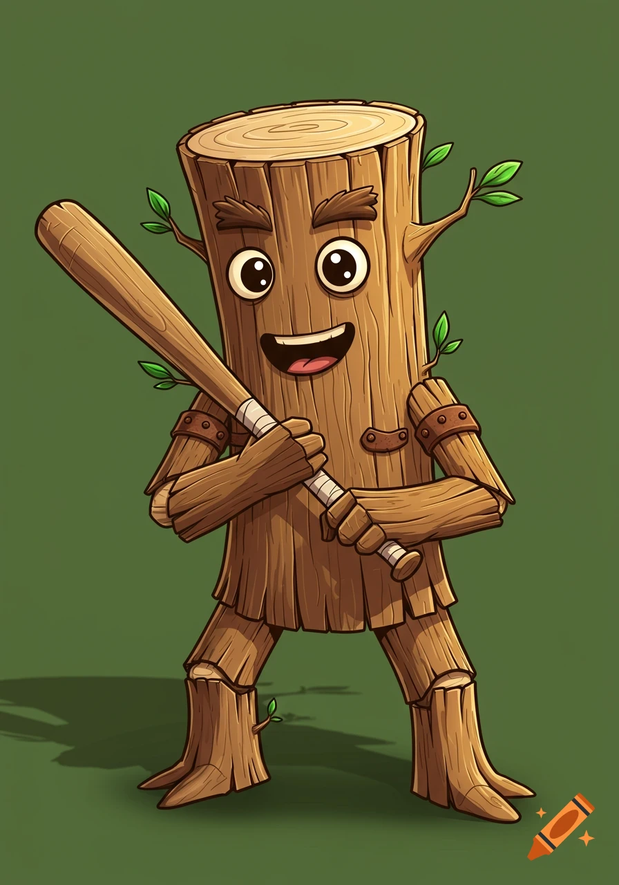 A whimsical cartoon wooden log character with a happy face and small green leaves, holding a baseball bat, on a green background.