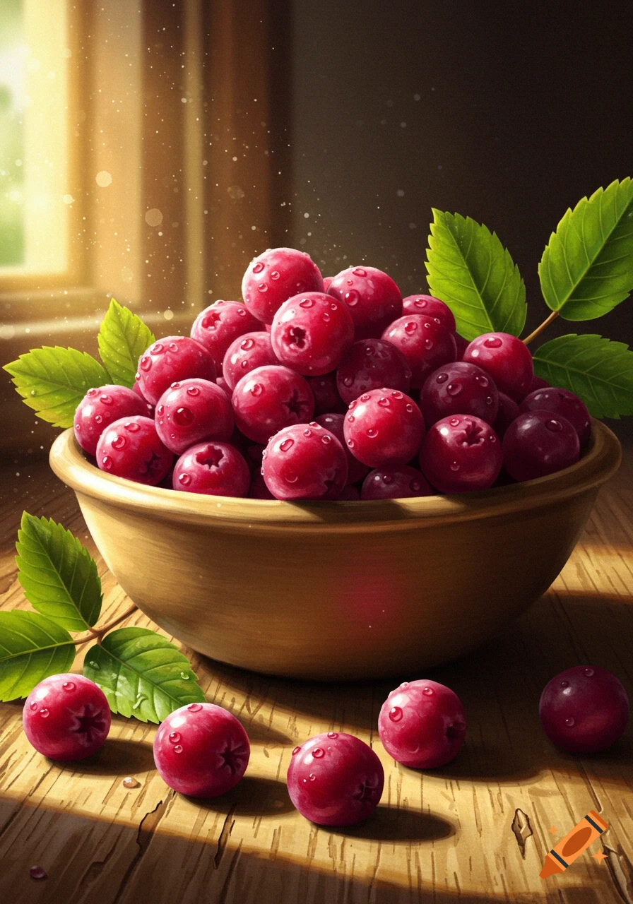 A wooden bowl filled with fresh, wet cranberries and green leaves on a wooden table, bathed in warm sunlight.