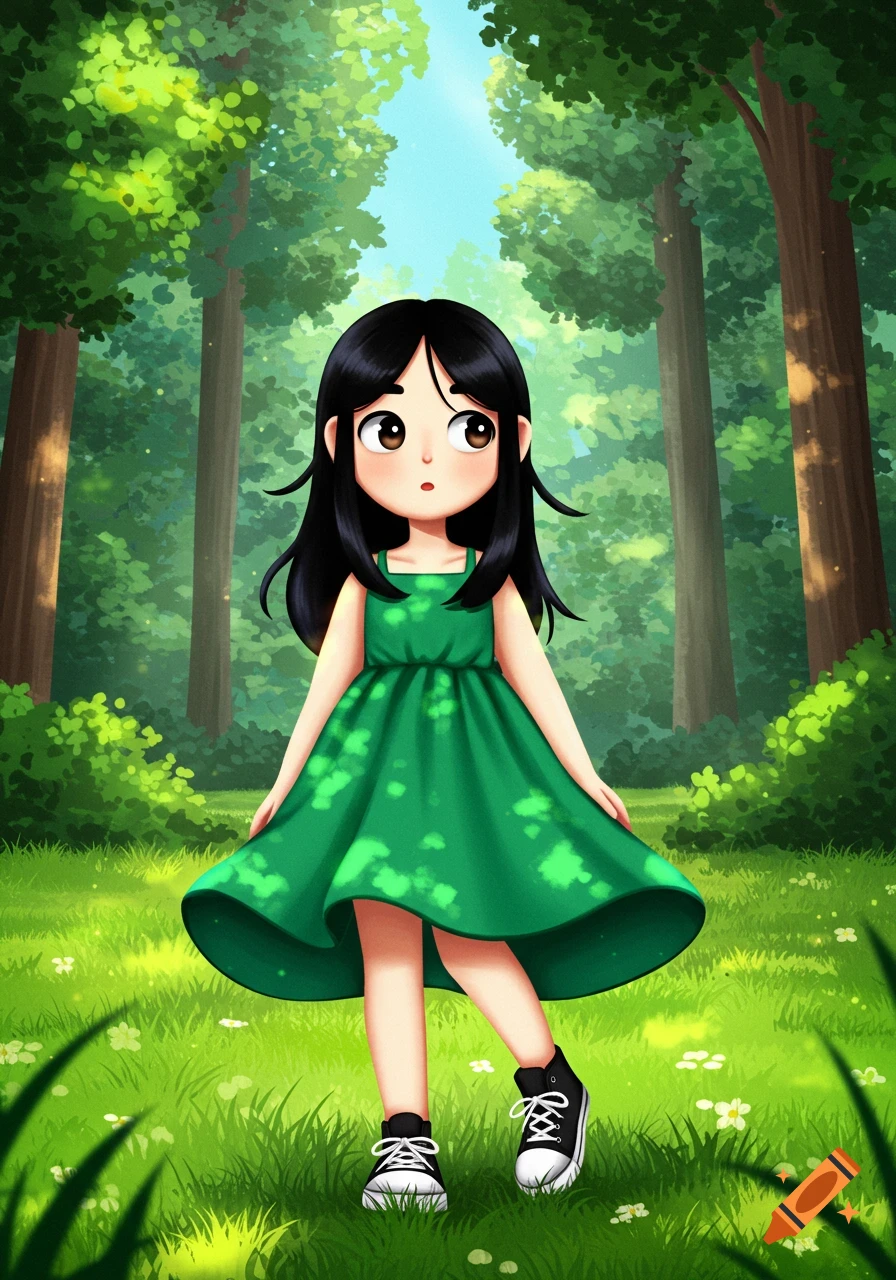 A cartoon girl with black hair and light brown eyes wears a green dress and black converse in a sunny forest.