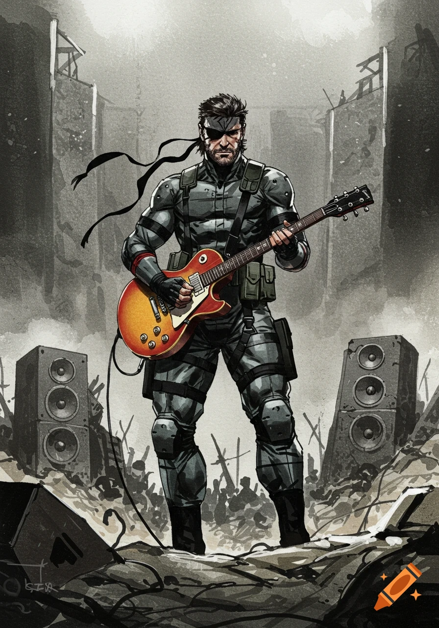 Solid Snake in tactical gear plays an electric guitar on a war-torn stage with large speakers, in a Yoji Shinkawa watercolor style.