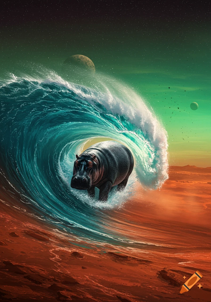 A large hippo surfs a giant turquoise wave on Mars, with planets in a green, starry sky.
