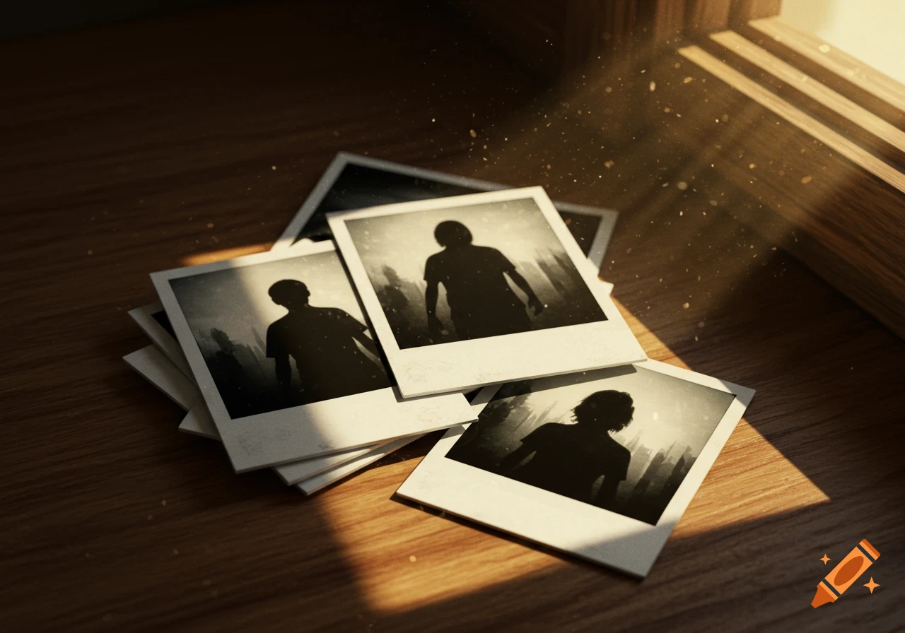 Stack of polaroid photos with ghostly black silhouettes of people on a wooden surface, illuminated by sunlight.