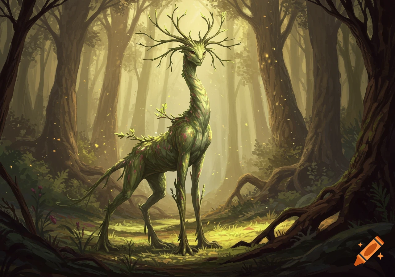 A tall, slender, green-skinned forest creature with branch-like antlers and leaves on its body stands in a mystical, sun-dappled forest.