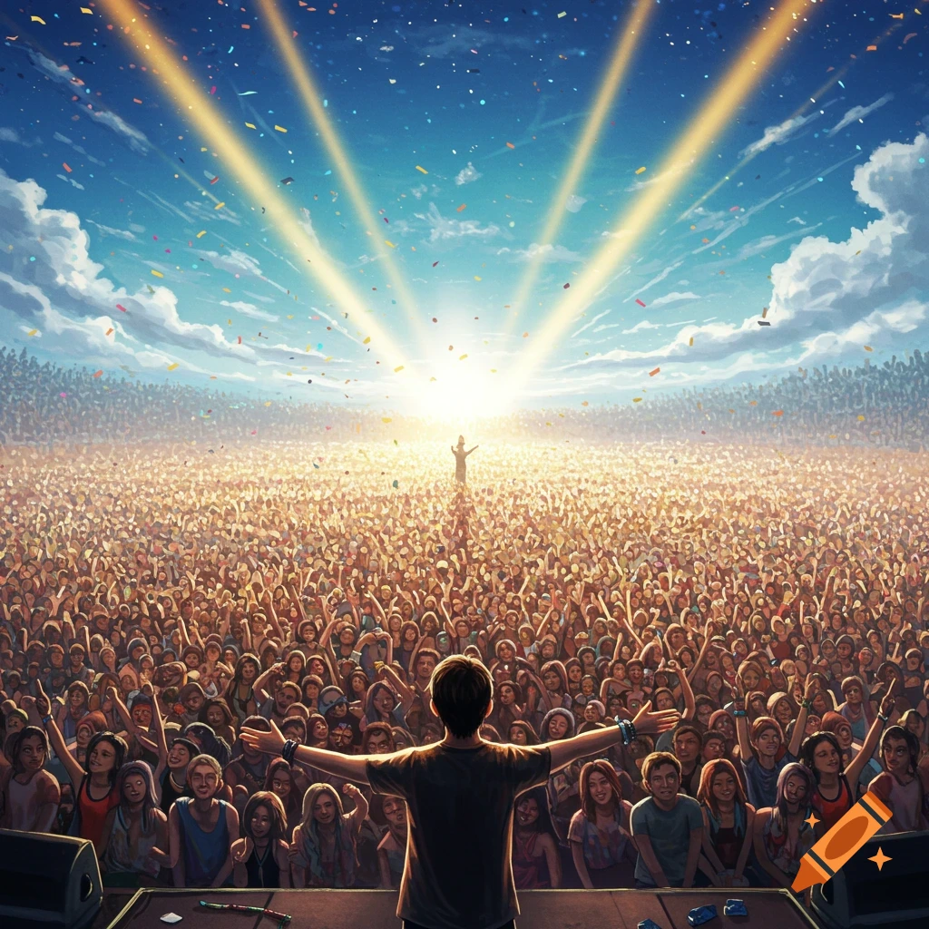 An illuminated performer on stage facing an immense, cheering crowd under spotlights and falling confetti at a vibrant outdoor concert.