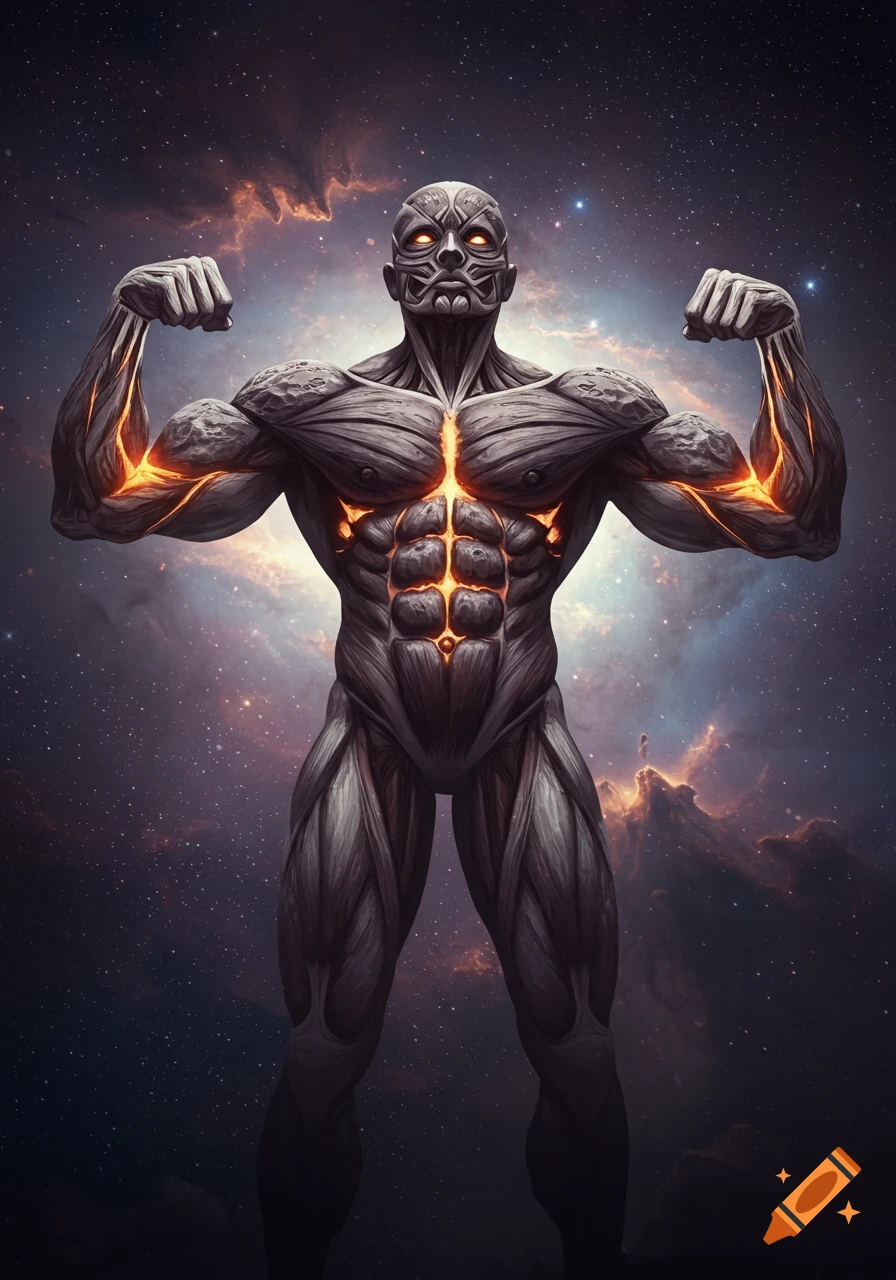 A powerful, dark, rock-like humanoid figure with glowing internal energy flexes its muscles against a cosmic background of stars and nebulae.