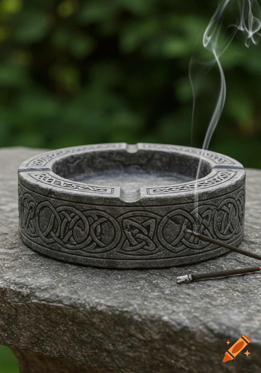 Photorealistic image of a circular stone ashtray with intricate Celtic knot designs, holding two burning incense sticks, on a stone surface with a blurred green background.