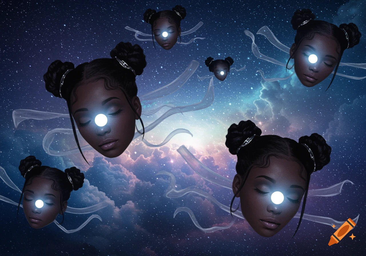 Multiple floating heads of a Black girl with space buns and glowing foreheads, set against a starry night sky with cosmic clouds.