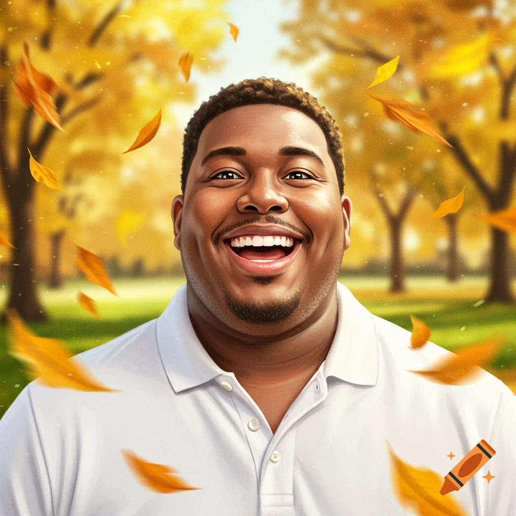Stylized illustration of a smiling Black man in a white polo shirt amidst falling autumn leaves in a park.