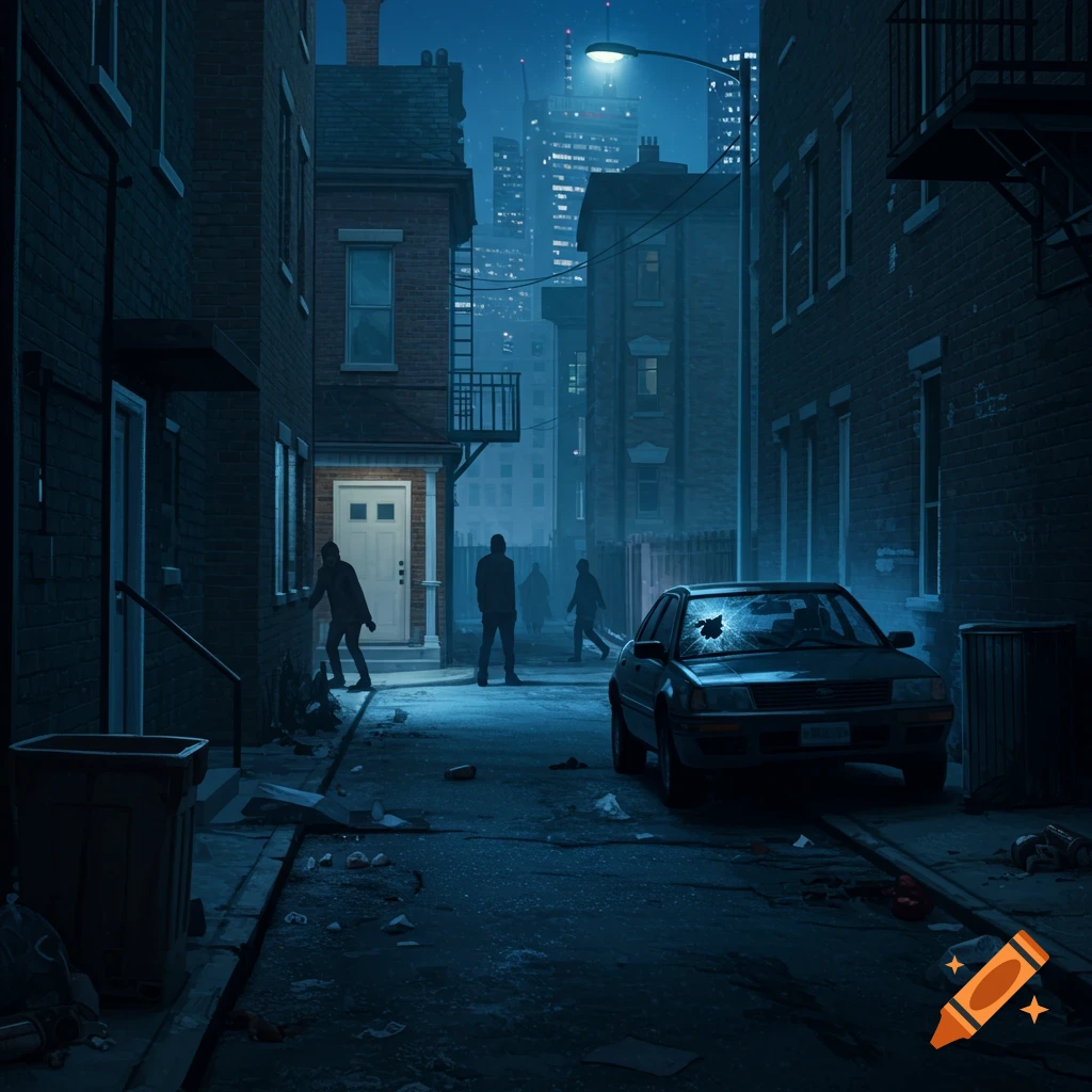 Dark, gritty urban alley at night with shadowy figures, a car with a broken windshield, and scattered trash, depicting a crime scene.