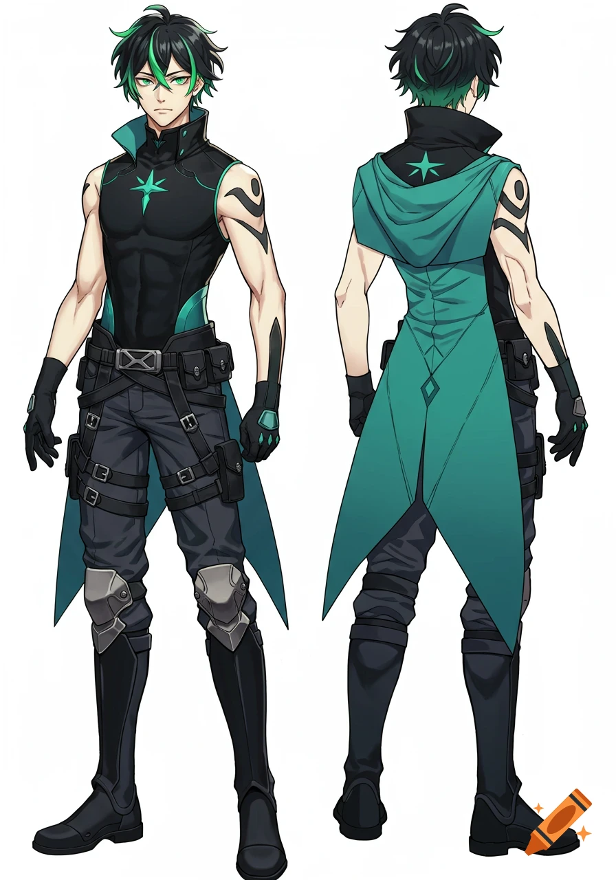 Anime male character design with dark green-streaked hair, green eyes, black and teal outfit, shown front and back.