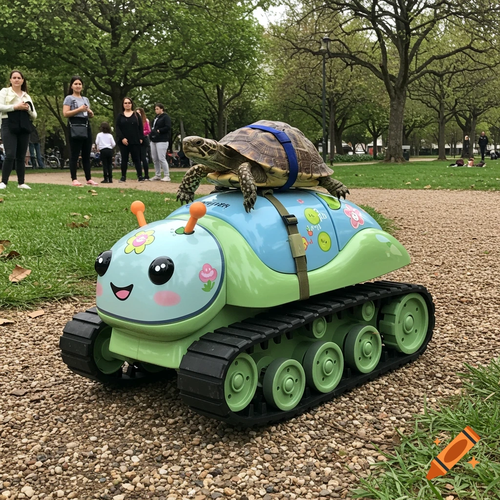 A large turtle strapped to a cute, green and blue caterpillar-shaped toy tank on a gravel path in a park.