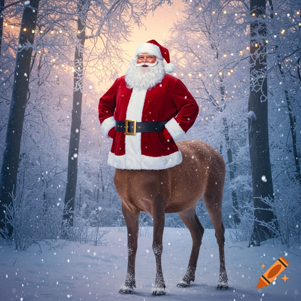 Photorealistic image of a Santa Claus centaur standing in a snowy forest illuminated by festive string lights.