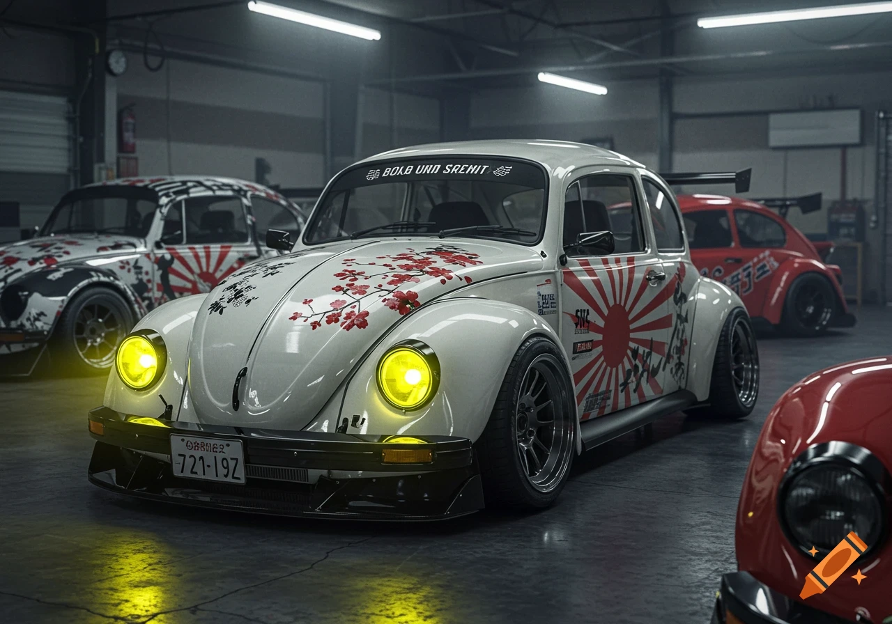 White custom Volkswagen Beetle with cherry blossoms and a Japanese flag design, yellow headlights, in a garage with other modified Beetles.