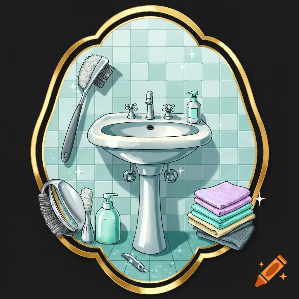 Cartoon illustration of a bathroom sink with cleaning brushes, soap dispensers, and folded towels, enclosed in a gold-framed badge.