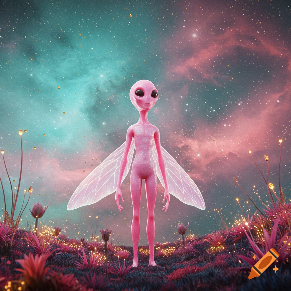 A slender pink alien with large black eyes and translucent wings stands on a colorful alien landscape under a starry, pink and blue nebula sky.