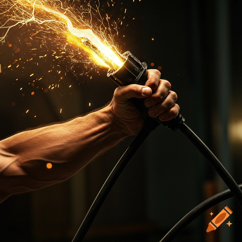 A muscular arm holds an electrical plug that is sparking with bright yellow electricity against a dark background, photorealistic.