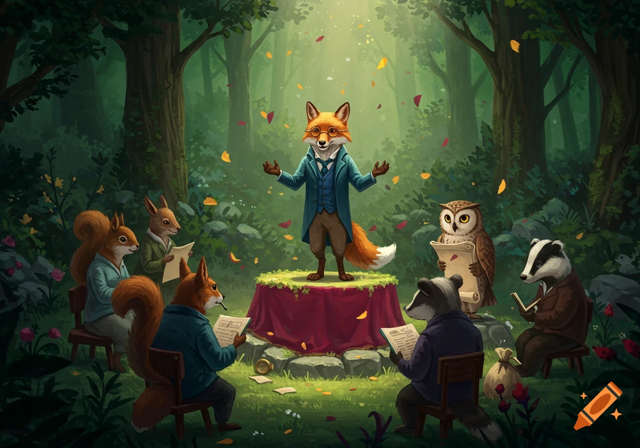 A dapper fox in a blue coat stands on a podium in a sunlit forest, addressing an audience of well-dressed anthropomorphic animals, including squirrels, an owl, and badgers, holding papers. Autumn leaves fall around them.