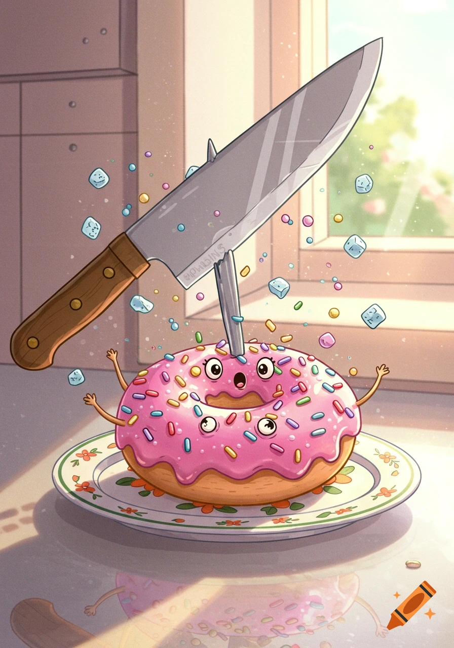 Whimsical cartoon of a surprised pink doughnut with sprinkles and eyes being stabbed by a chef's knife in a bright kitchen.
