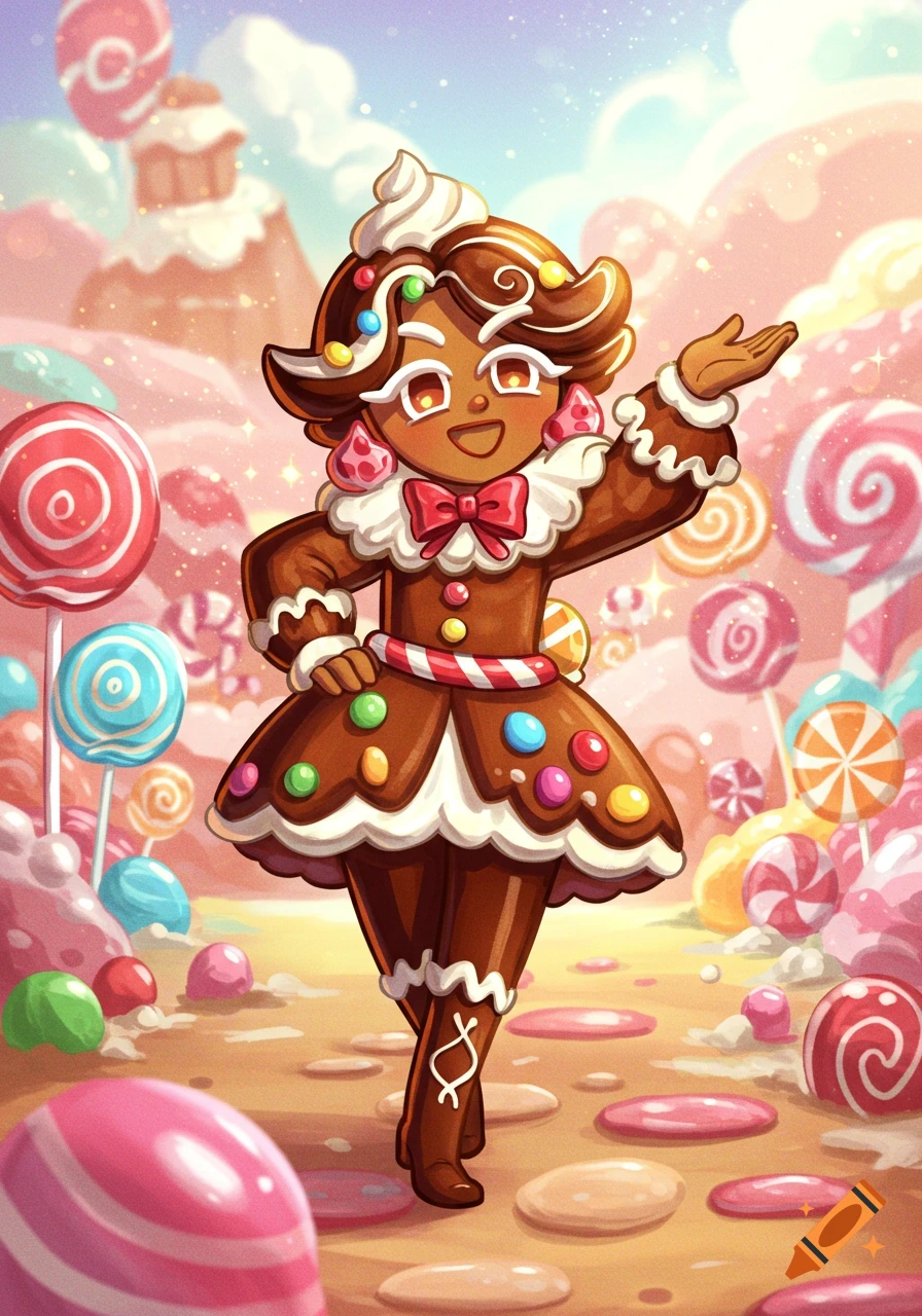 A cheerful gingerbread-like character in a candy-themed dress poses in a vibrant, colorful candy land with lollipops.
