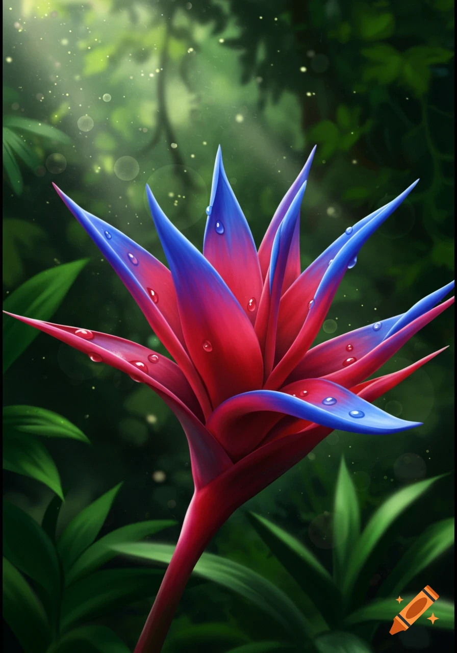 A vibrant, stylized red and blue gradient flower with water droplets in a lush, sparkling jungle setting.