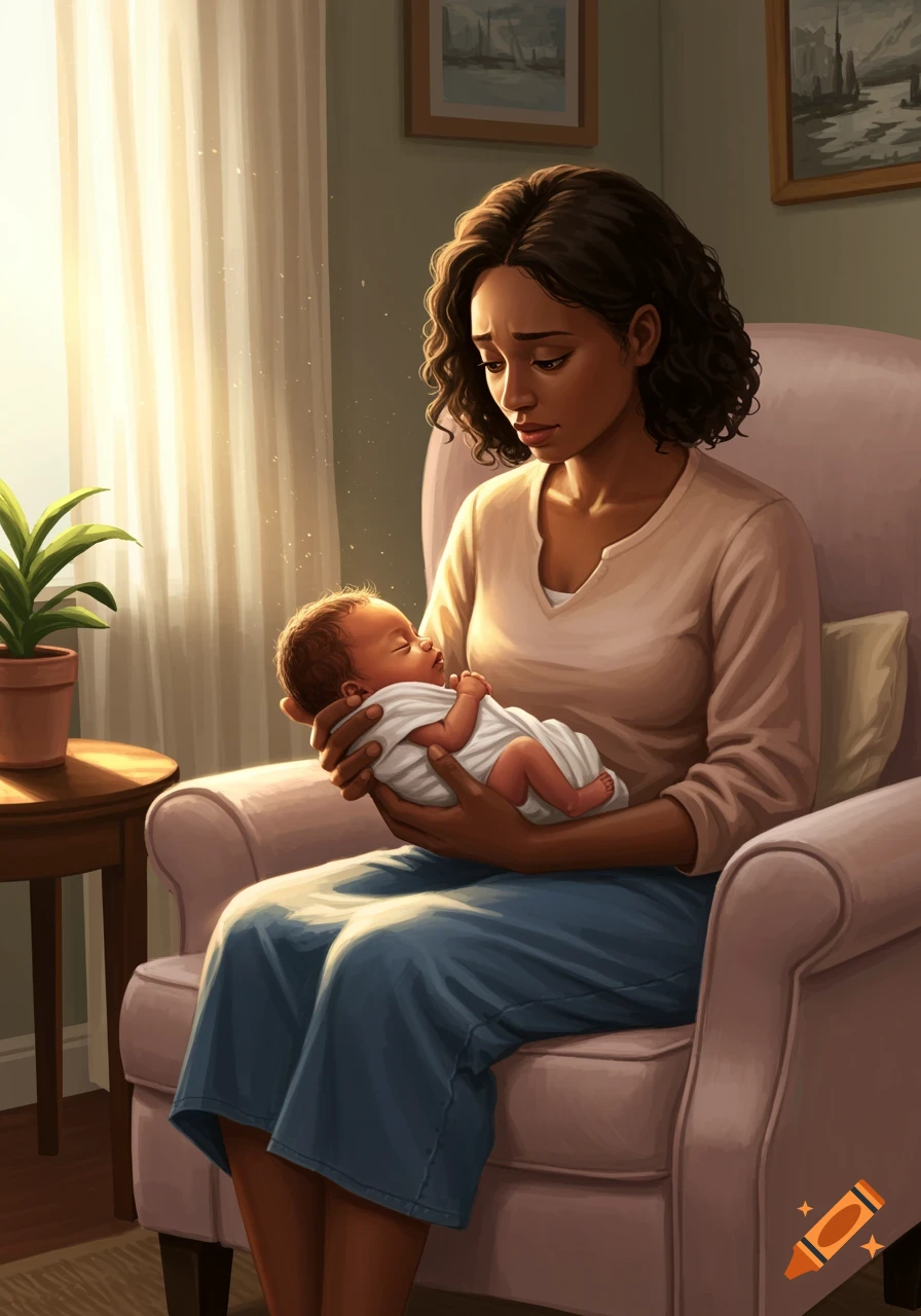 A pensive brown-skinned woman cradles a tiny, sleeping newborn baby while sitting in an armchair bathed in sunlight.