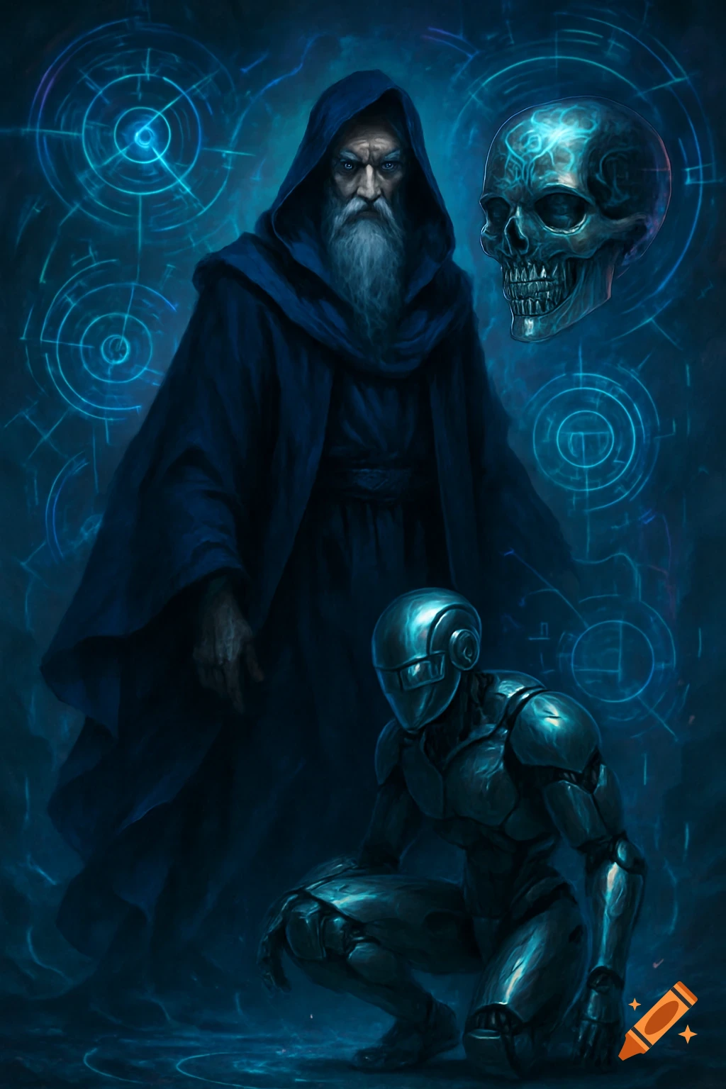 A robed wizard with a long white beard stands with a crouching futuristic robot, a glowing skull, and blue holographic patterns.