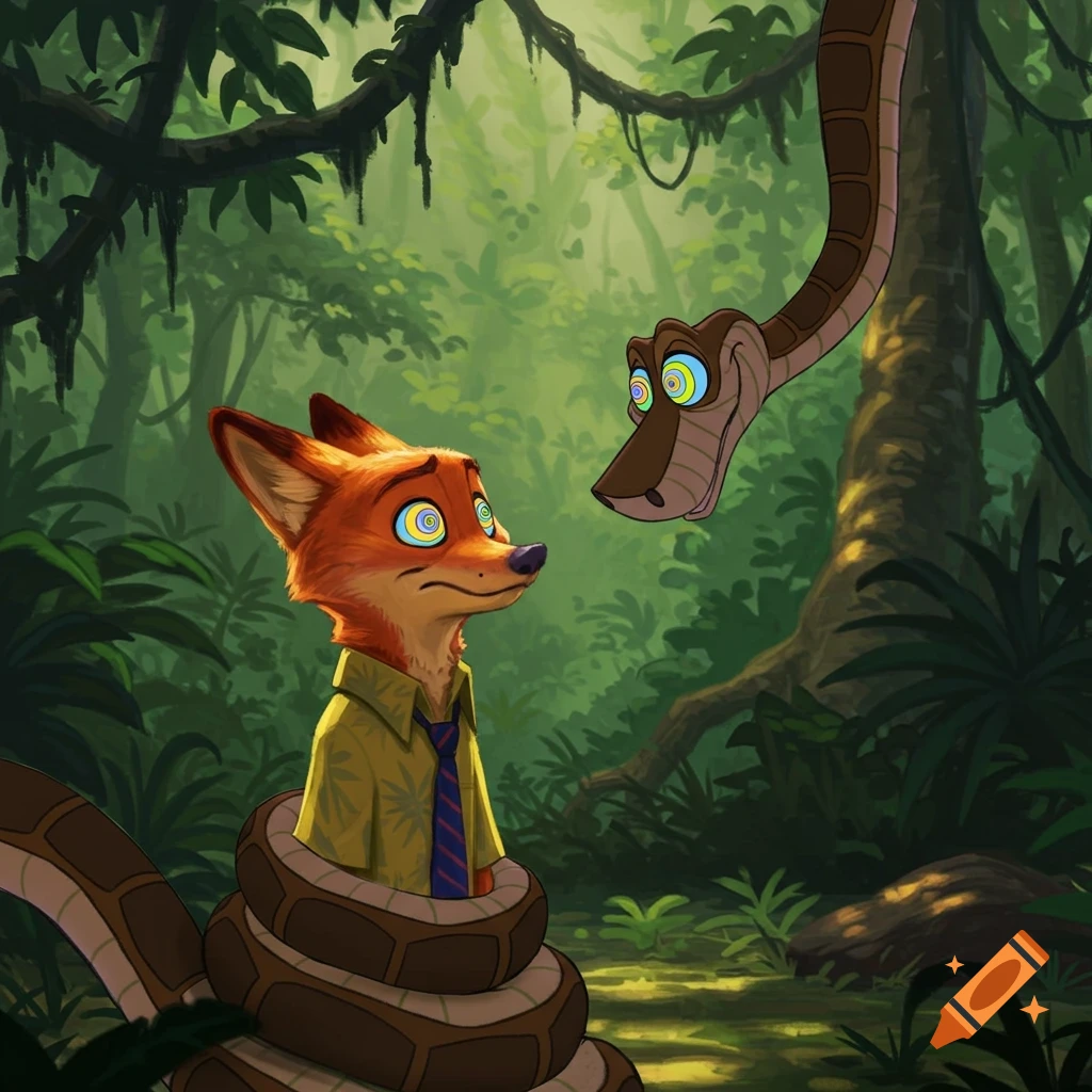 Nick Wilde, a fox in a green shirt and tie, is being hypnotized by Kaa, a large snake coiled around him, in a vibrant jungle.