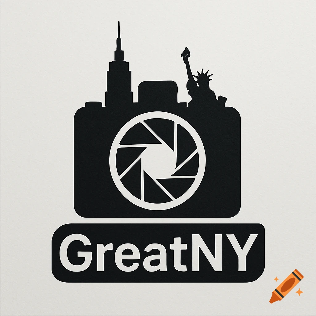 A black silhouette logo of a camera with an aperture, topped by the Empire State Building and Statue of Liberty, above the text "GreatNY".