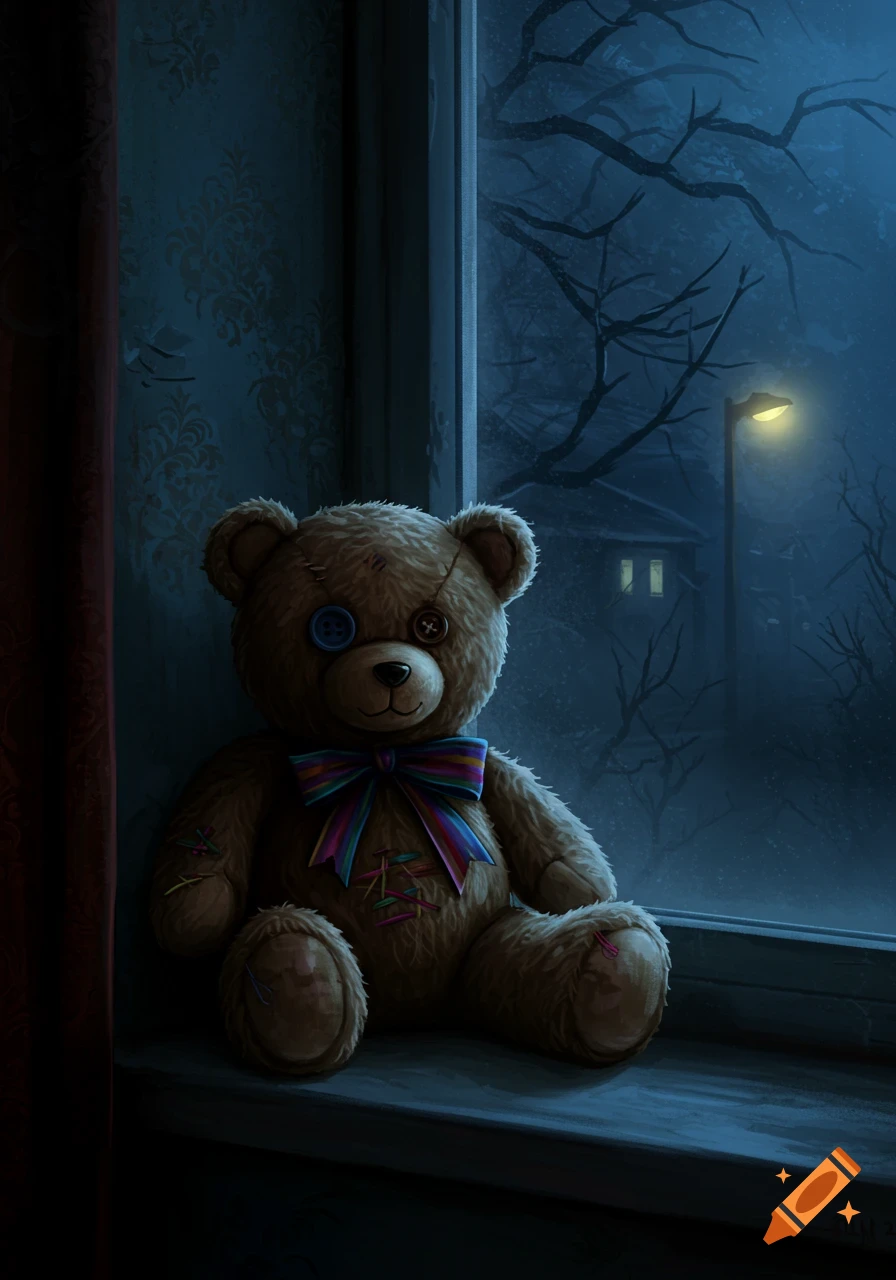 A creepy, stitched teddy bear with button eyes sits on a window sill at night, gazing out at bare trees, a street lamp, and a distant house in the dark.