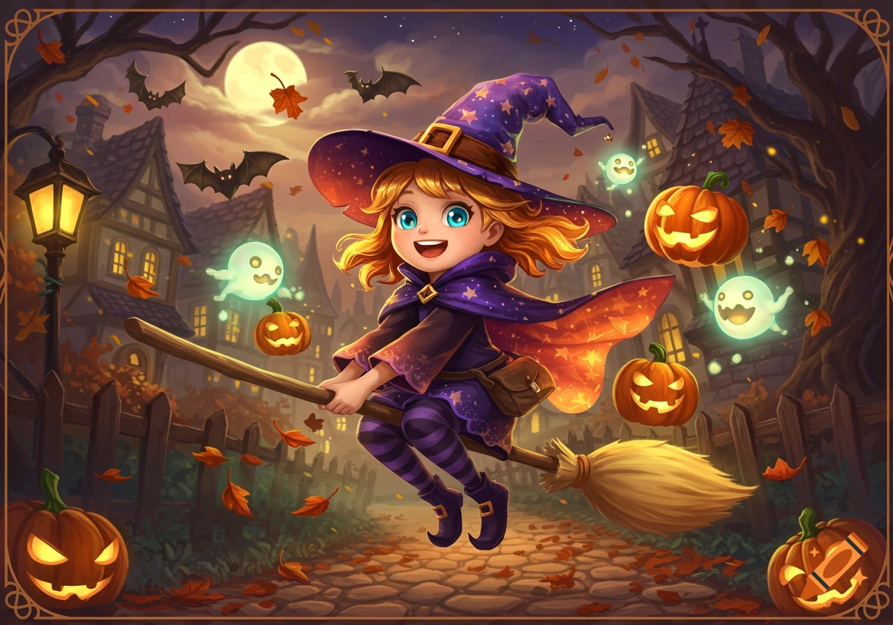 Joyful cartoon witch flies on a broomstick over a spooky village path, surrounded by glowing jack-o'-lanterns, bats, ghosts, and autumn leaves under a full moon.