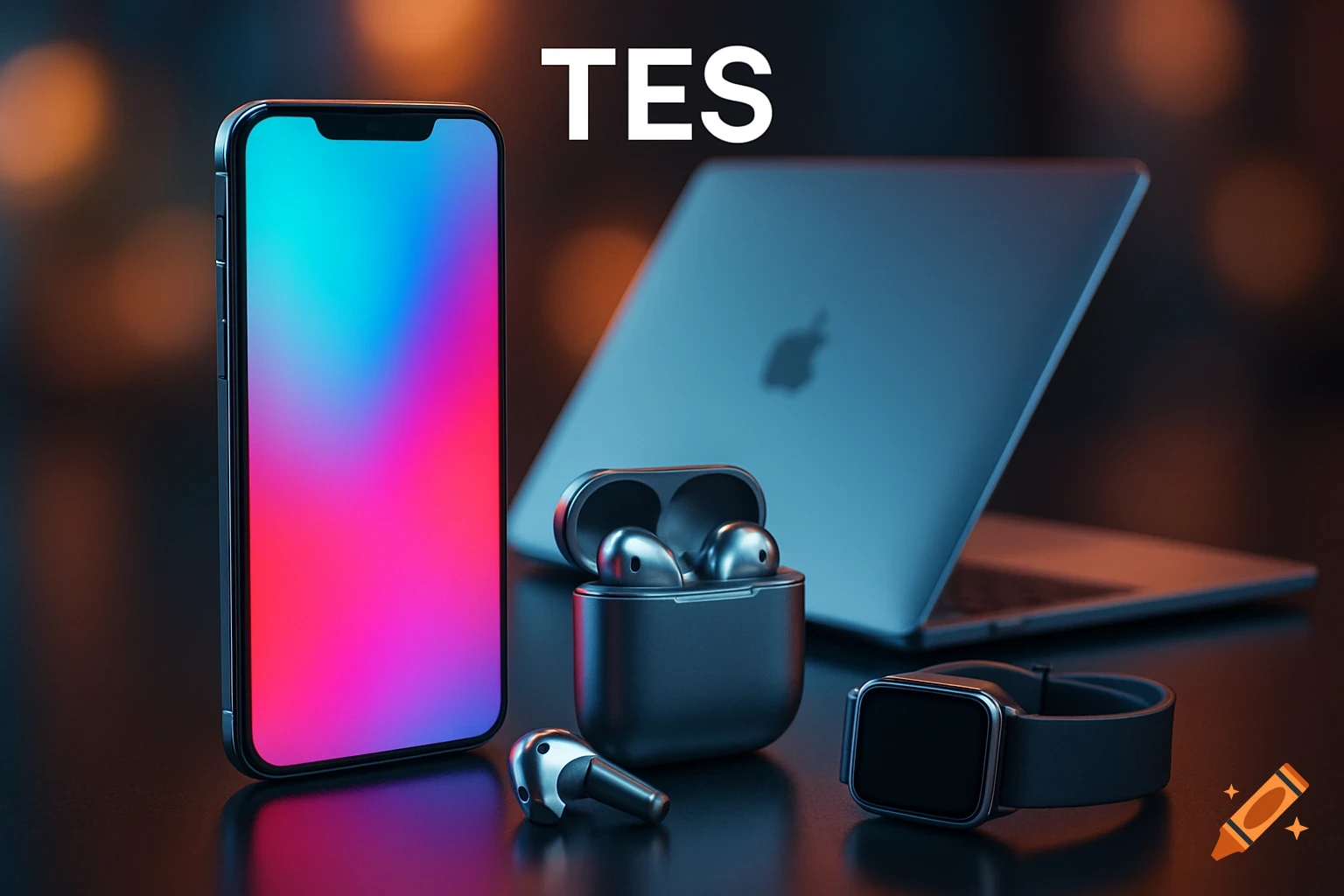 Photorealistic image of an iPhone, AirPods, MacBook, and Apple Watch on a table, with 'TES' text.