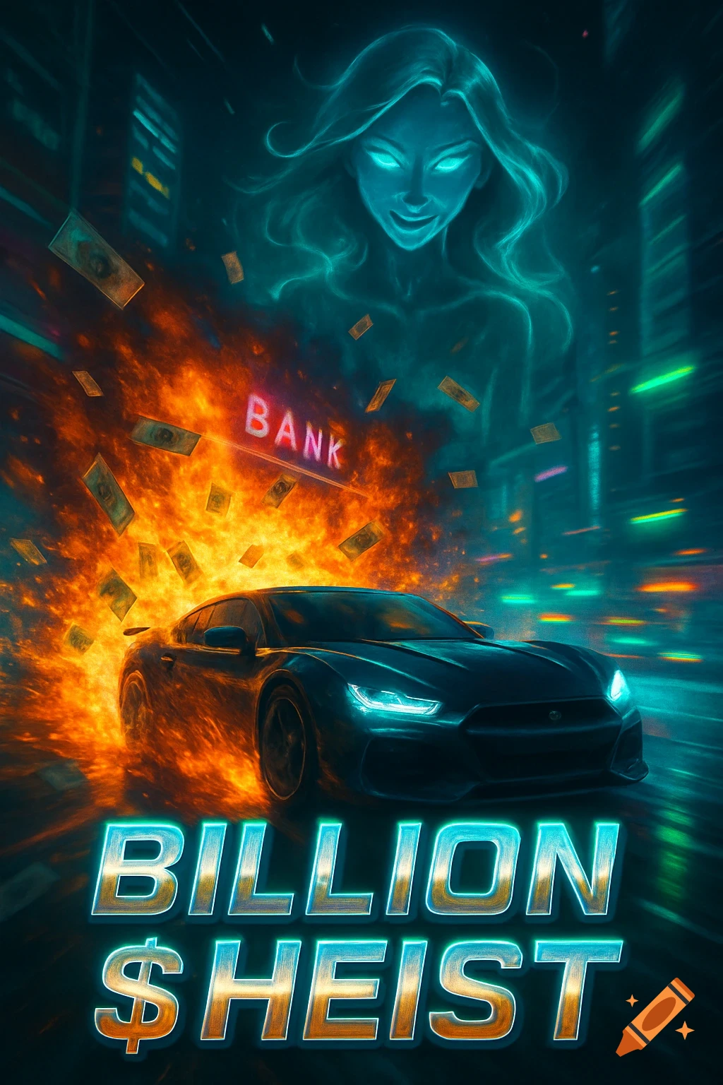 A sleek sports car bursts from a fiery bank explosion in a neon city, money flying. An ethereal figure hovers above, smirking. Text: BILLION $ HEIST.