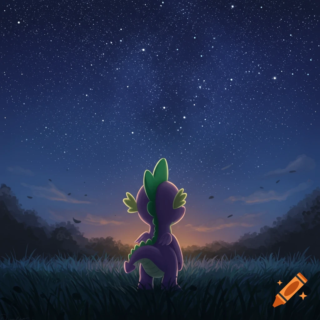 Purple dragon Spike from My Little Pony looking up at a star-filled night sky from a grassy field at dusk, cartoon style.
